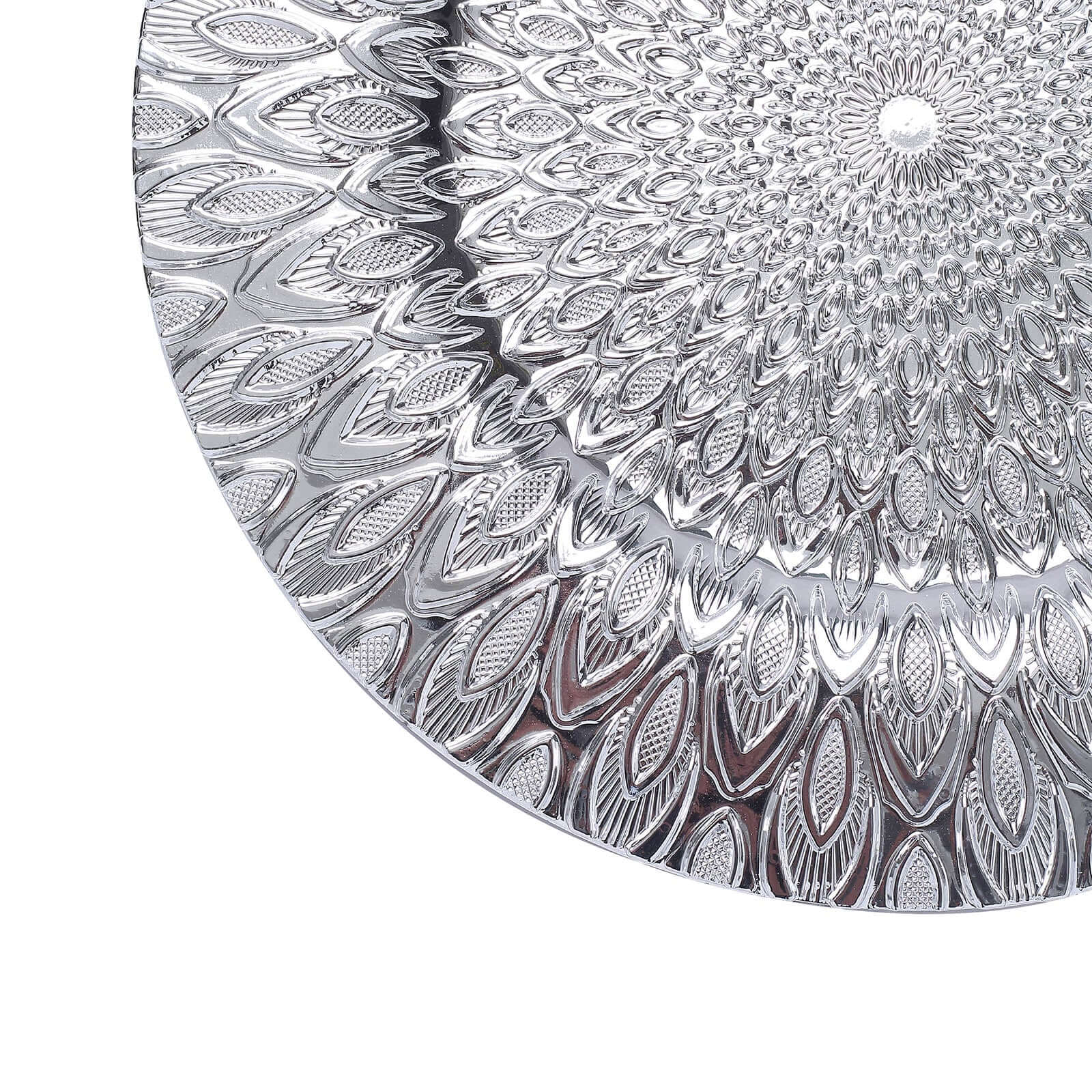 6-Pack Plastic Round Charger Plates 13" in Silver with Embossed Peacock Pattern, Stylish Disposable Charger Tableware