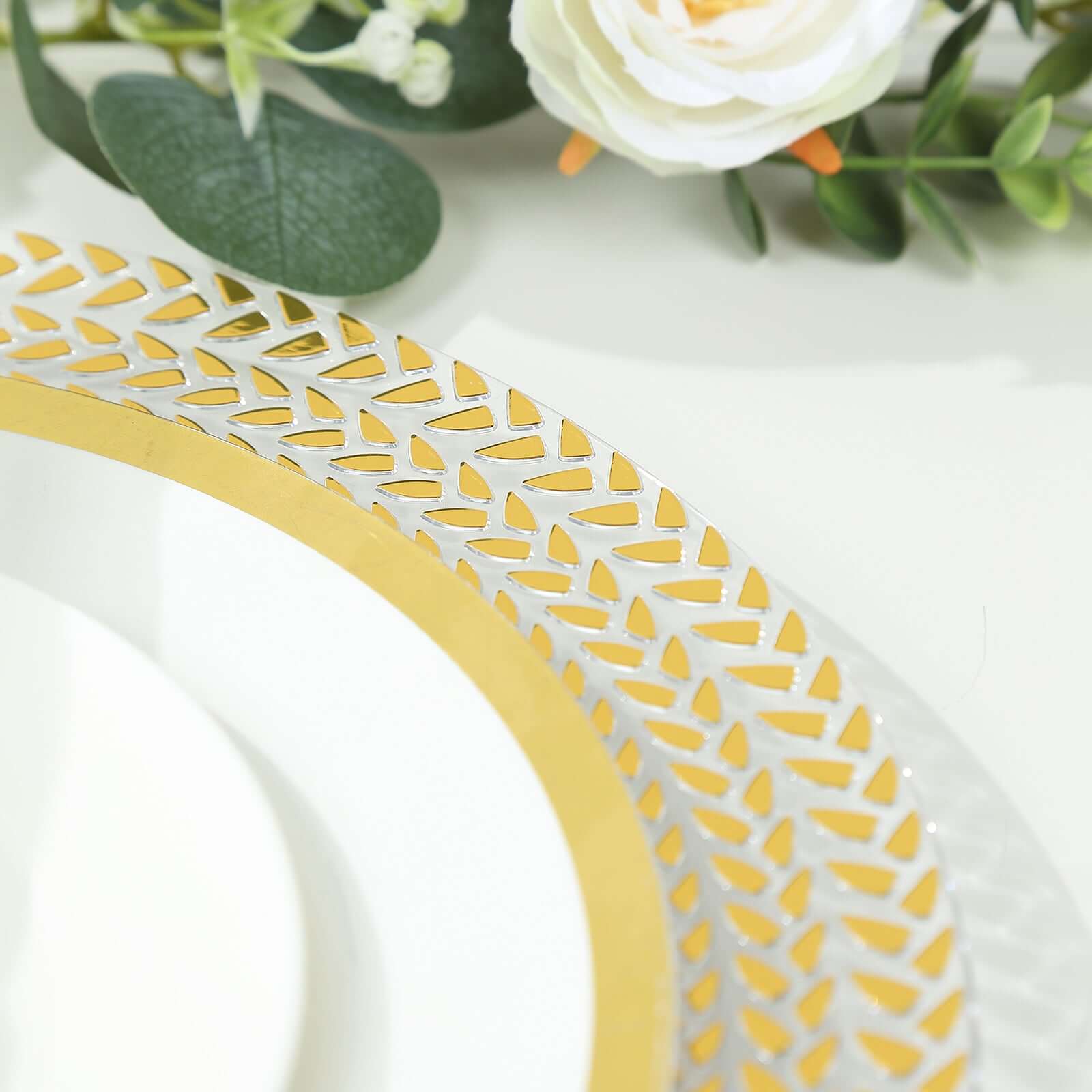 6-Pack Acrylic Round Charger Plates 13" in Clear with Gold Wheat Pattern Rim, Stylish Dinner Party Charger Tableware