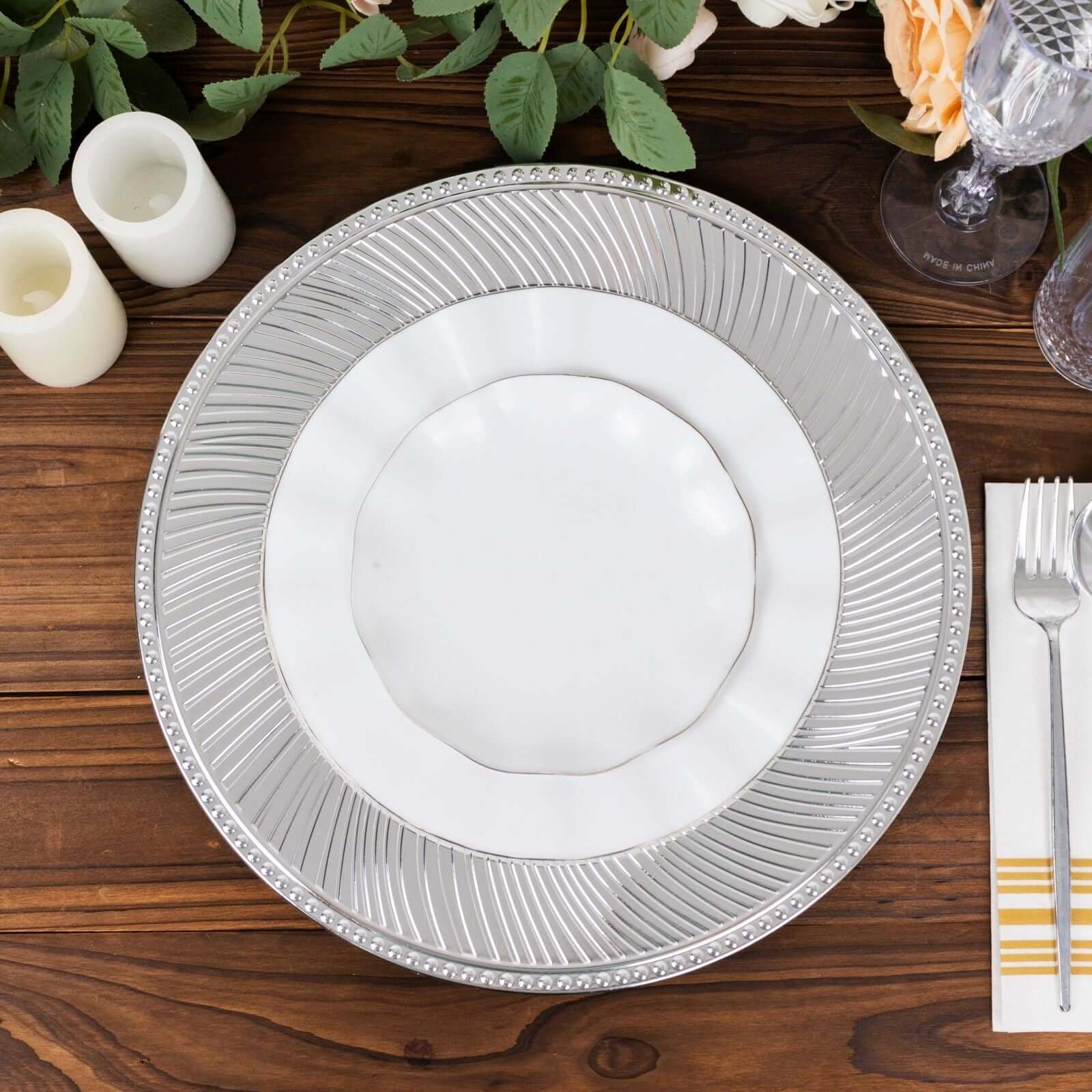 6-Pack Acrylic Round Charger Plates 13" in Metallic Silver Swirl Pattern with Beaded Rim, Plastic Decorative Dinner Party Charger Tableware