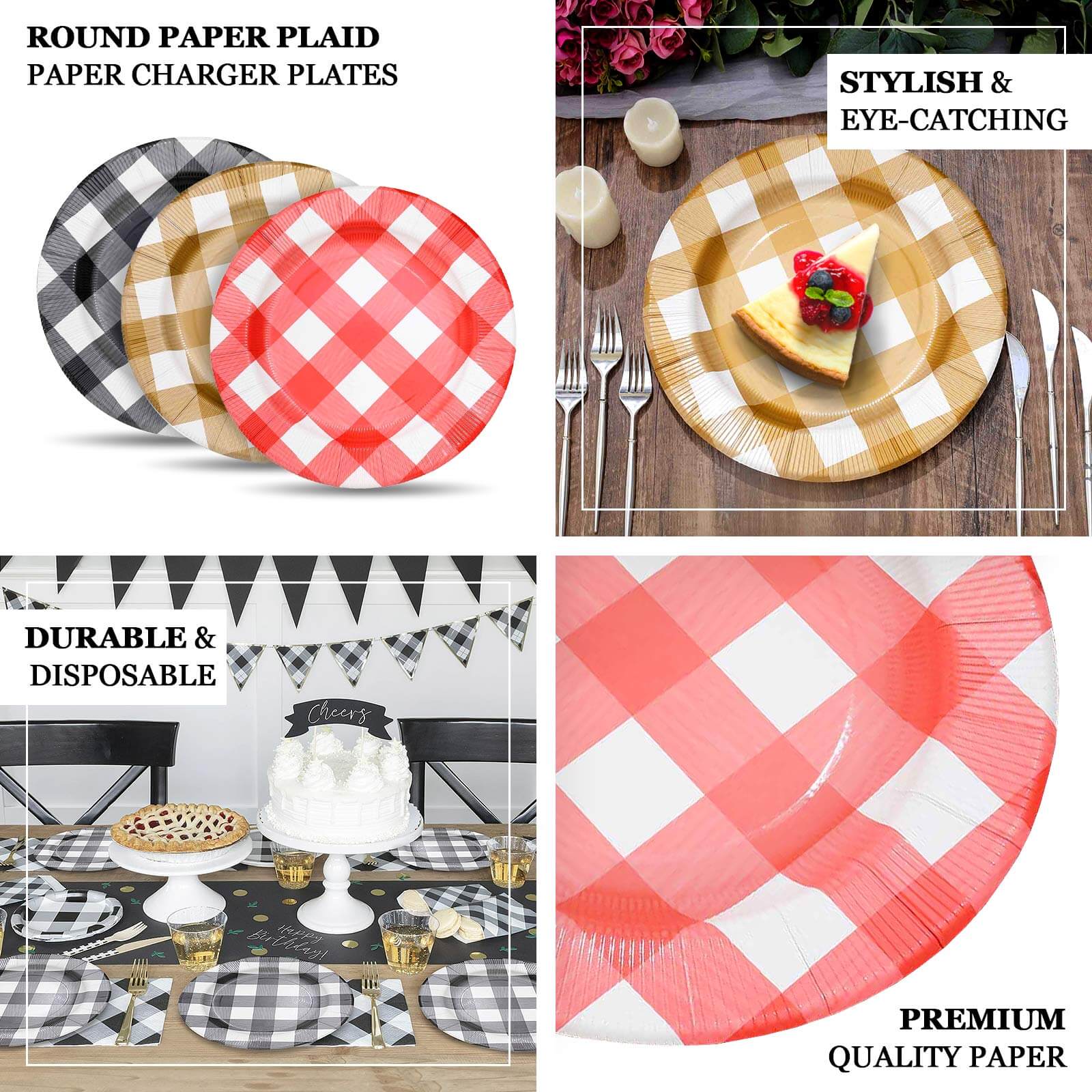 10-Pack Disposable Paper Charger Plates – Gold/White Buffalo Plaid 13" Round Table Chargers, 350 GSM Cardstock