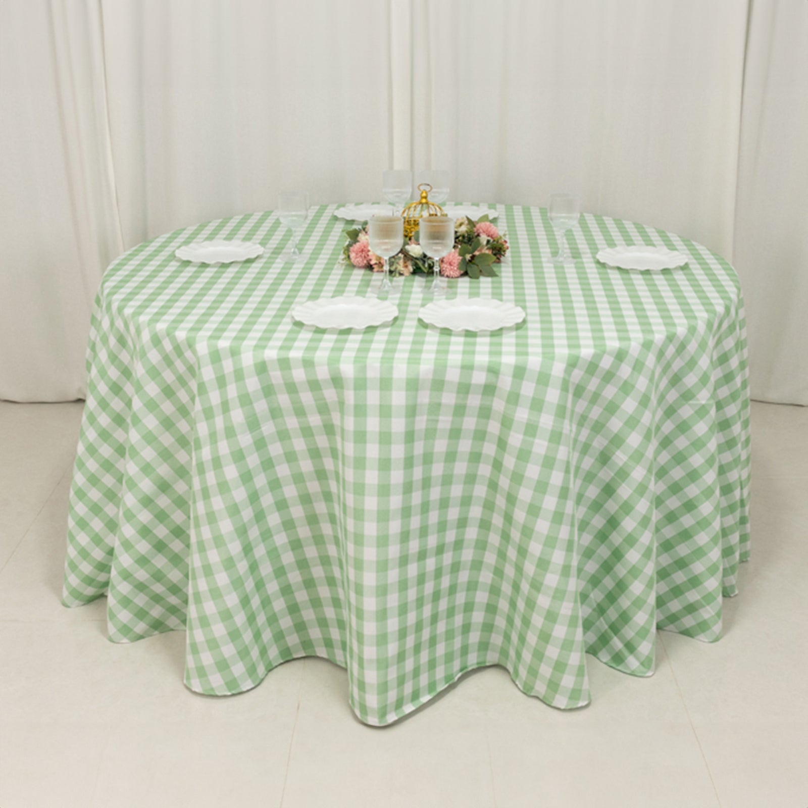 Polyester 120" Round Tablecloth White/Sage Green Seamless - Checkered Buffalo Plaid Table Cover