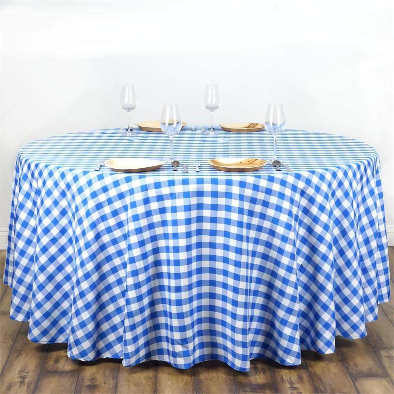 Polyester 108" Round Tablecloth White/Blue - Checkered Buffalo Plaid Table Cover