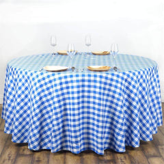 Polyester 108" Round Tablecloth White/Blue - Checkered Buffalo Plaid Table Cover