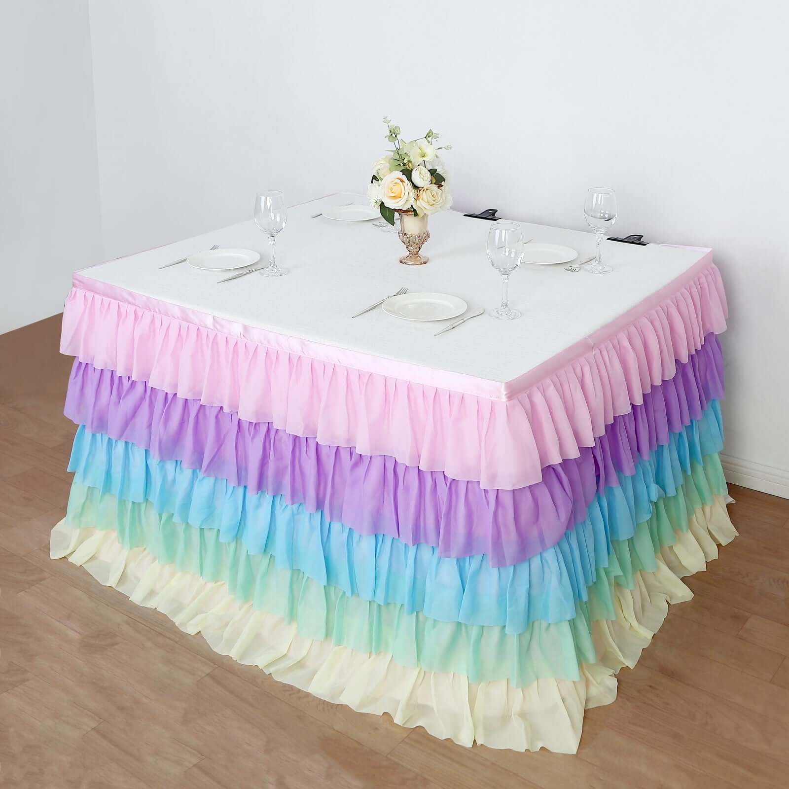 Chiffon 14ft Table Skirt Gradient Unicorn - 5-Tier Ombre Ruffled Tutu Table Cover with Satin Backing for Enchanting Events
