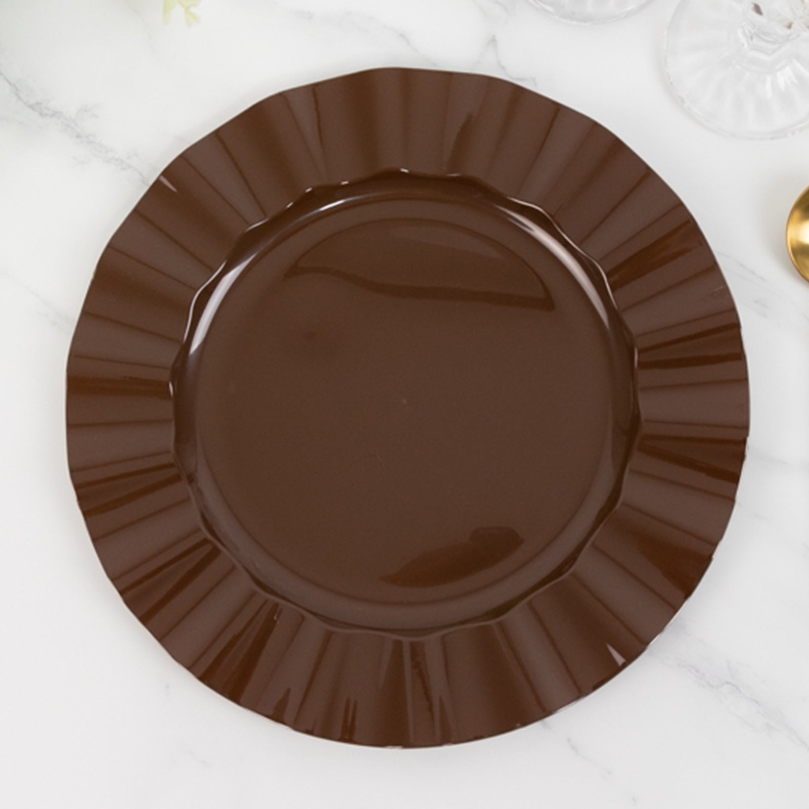 10-Pack Plastic 11" Round Dinner Plates in Cinnamon Brown Ruffled Rim with Gold Edging - Sturdy Disposable Dinnerware