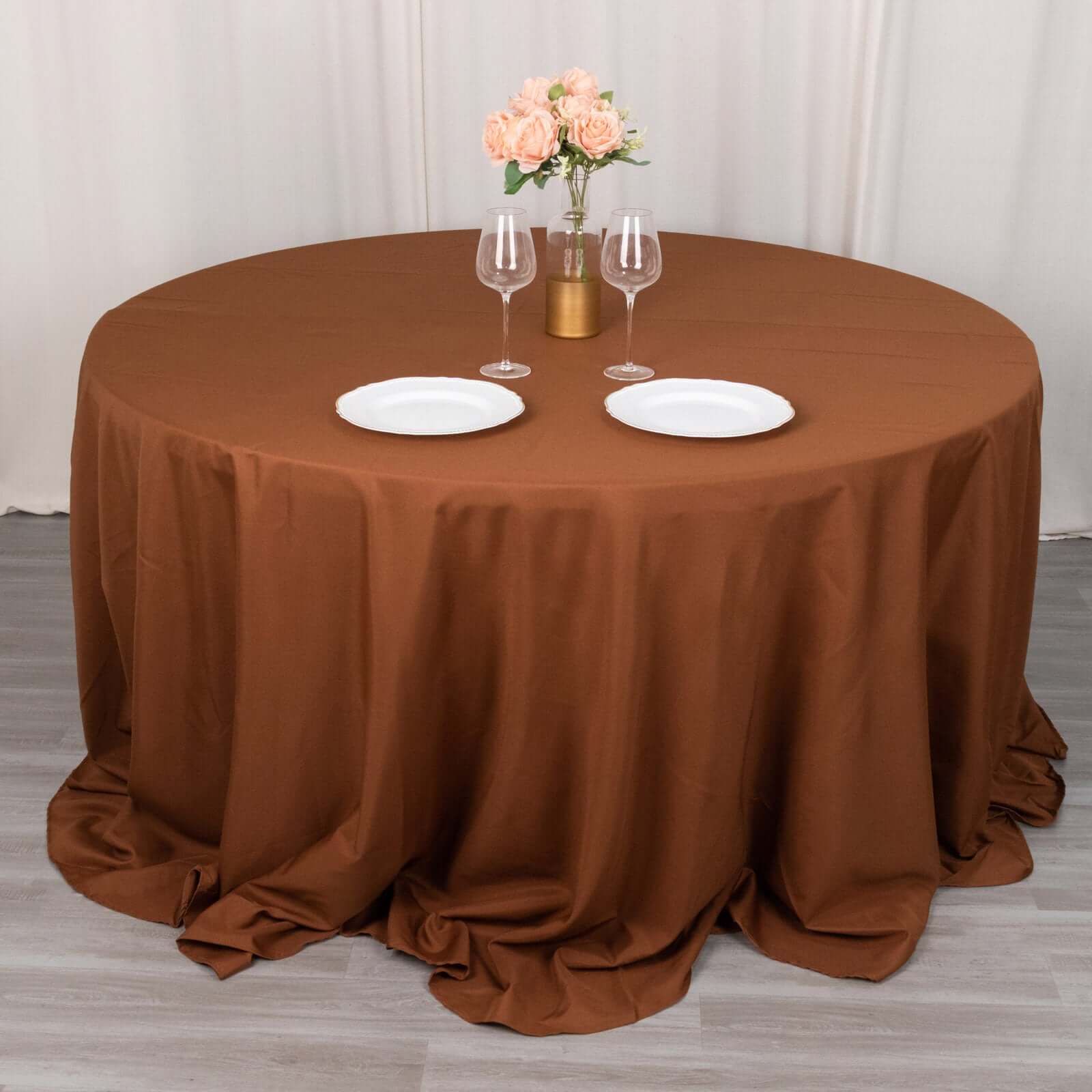 Polyester 132" Round Tablecloth Cinnamon Brown - Seamless Chic Table Cover