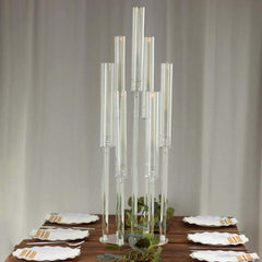 7-Arm Round Cluster Acrylic Candelabra Clear with Circular Base - Sleek Taper Candle Holder Table Centerpiece for Pillar Candles 33"