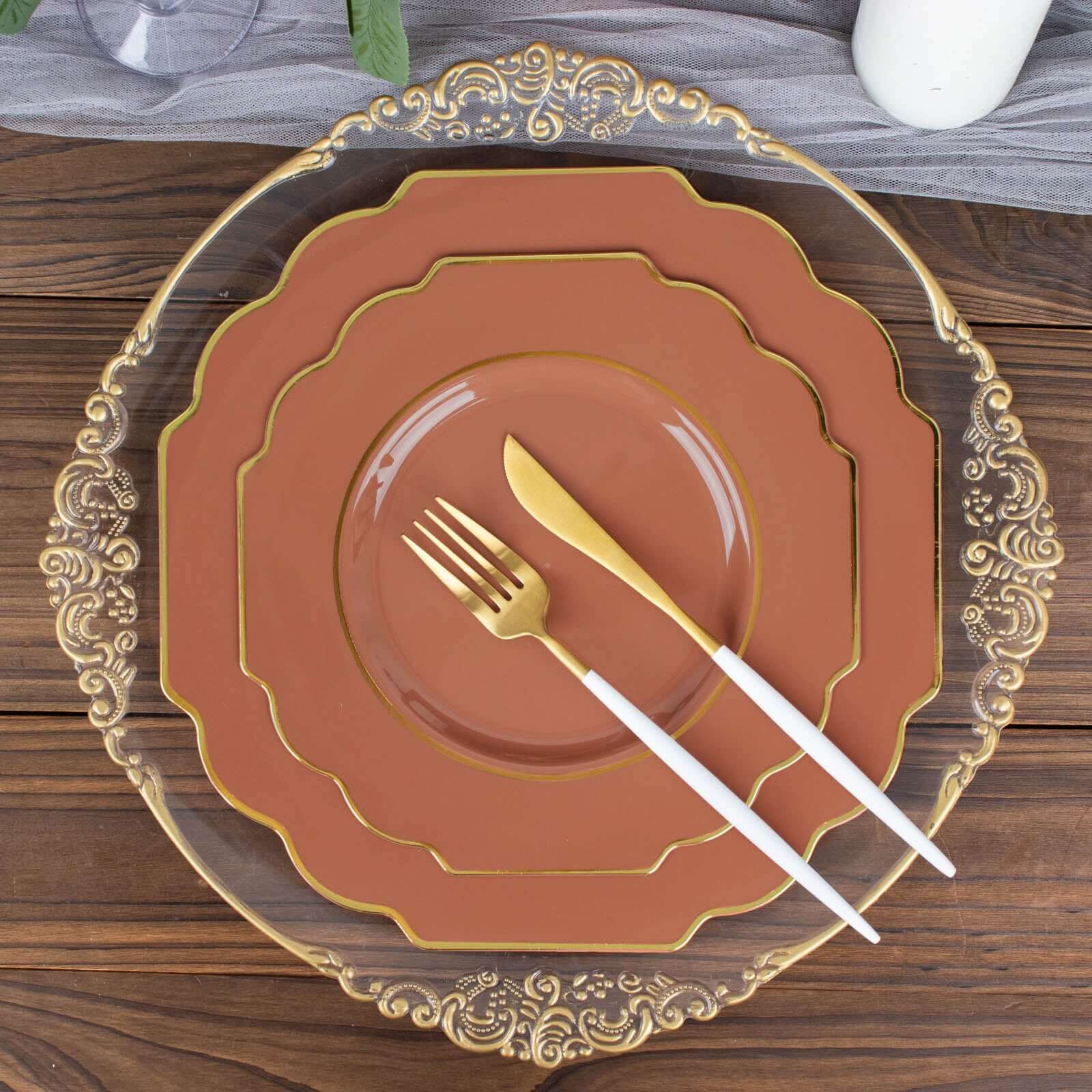 10-Pack Plastic Dessert Appetizer Plates in Terracotta (Rust) Baroque Design with Scalloped Gold Rim - Heavy Duty Disposable Salad Plates 8"