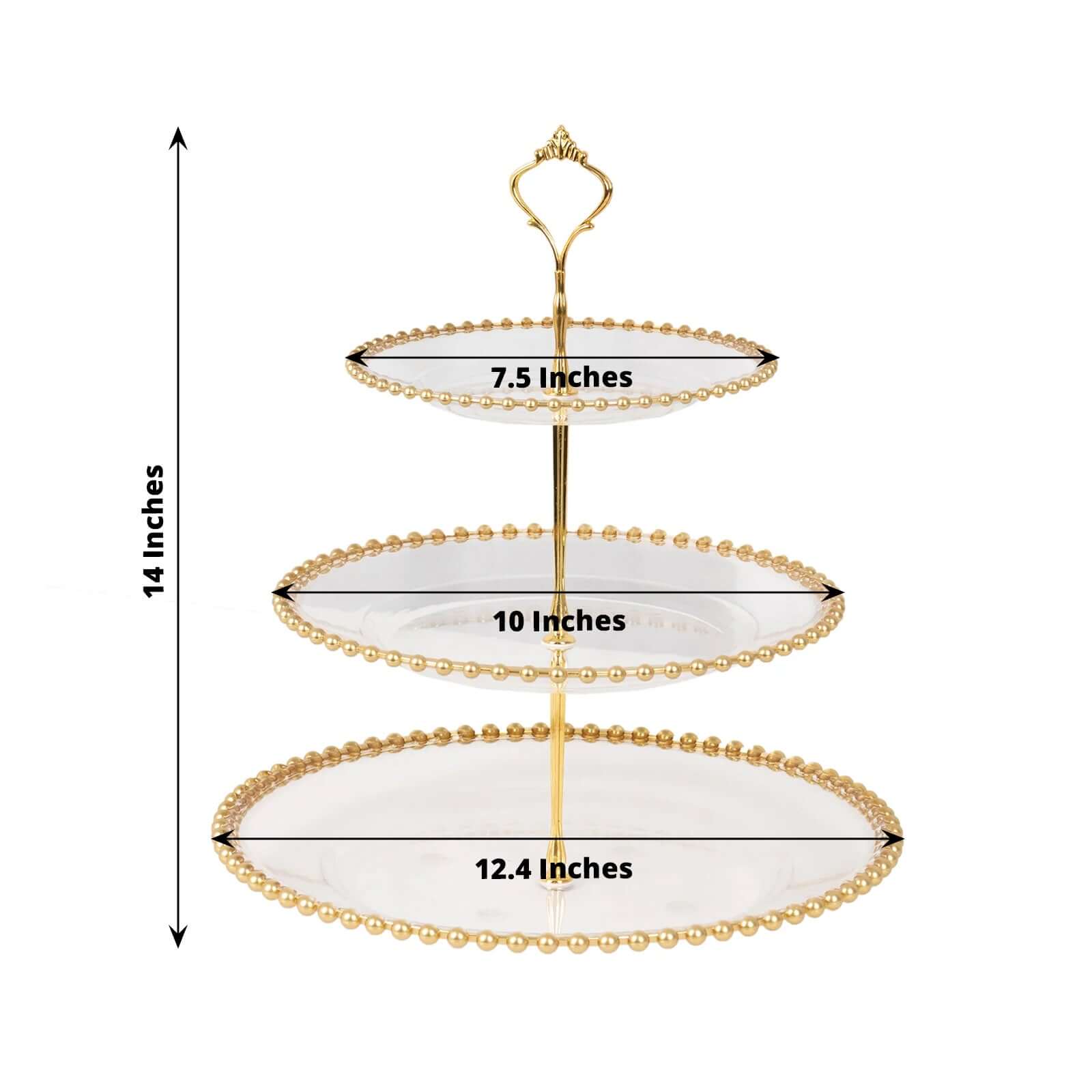 3-Tier Plastic Round Cupcake Tower Stand Clear - Versatile Dessert Display Tea Party Serving Platter with Gold Beaded Rim & Top Handle 14"