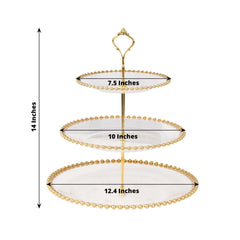 3-Tier Plastic Round Cupcake Tower Stand Clear - Versatile Dessert Display Tea Party Serving Platter with Gold Beaded Rim & Top Handle 14"