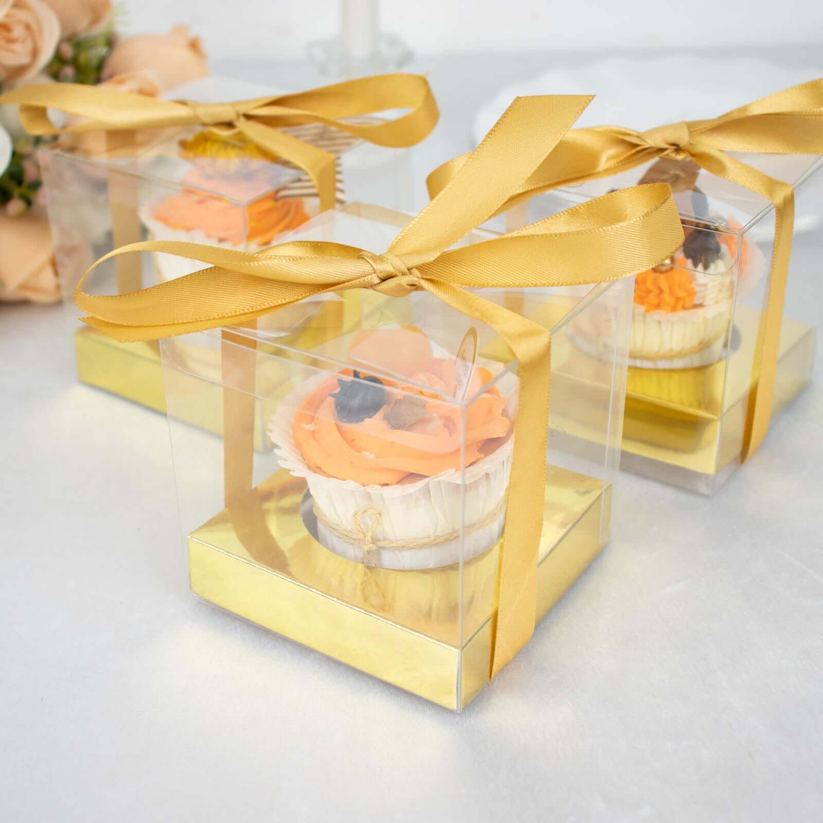 12 Pack 3.5" Clear Metallic Gold Disposable Cupcake Boxes With Ribbon Tie, Plastic Wedding Favor Boxes