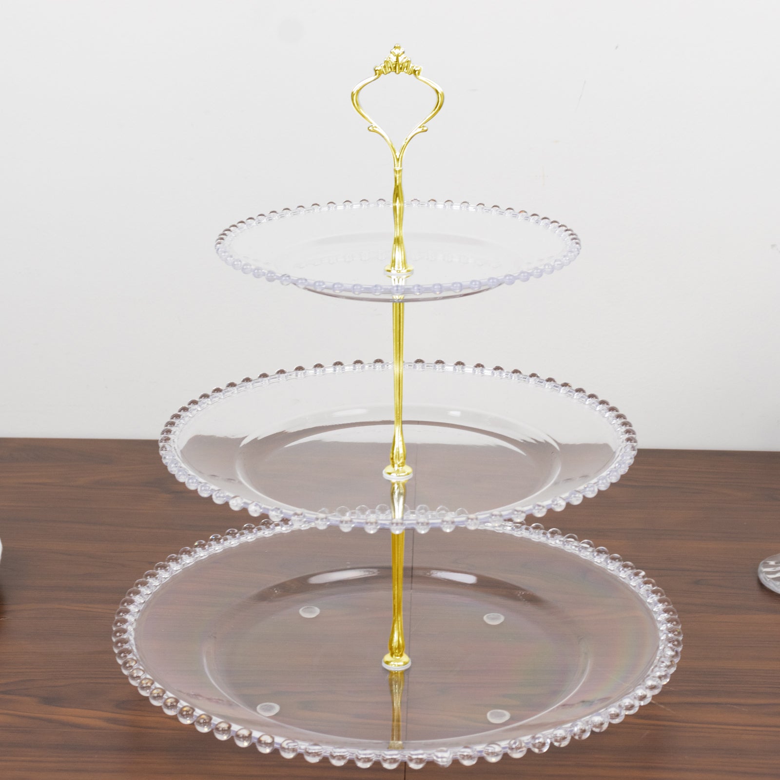 14" Clear 3-Tier Plastic Dessert Display Stand With Beaded Rim, Round Cupcake Tower Tea Party Serving Platter With Top Handle