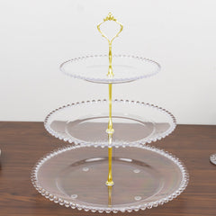 14" Clear 3-Tier Plastic Dessert Display Stand With Beaded Rim, Round Cupcake Tower Tea Party Serving Platter With Top Handle