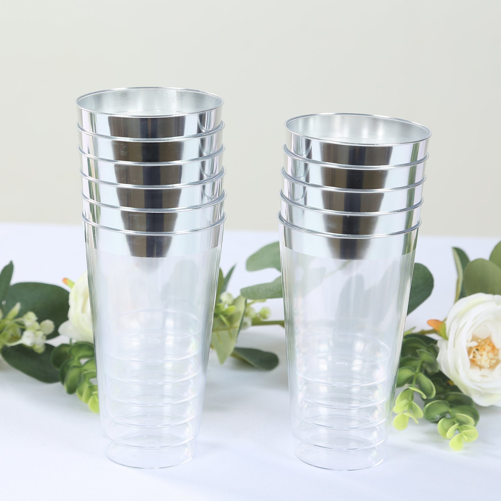 12-Pack Plastic Party Cups Clear with Silver Rim - Durable Disposable Tumblers for Drinks 17oz 5.5"