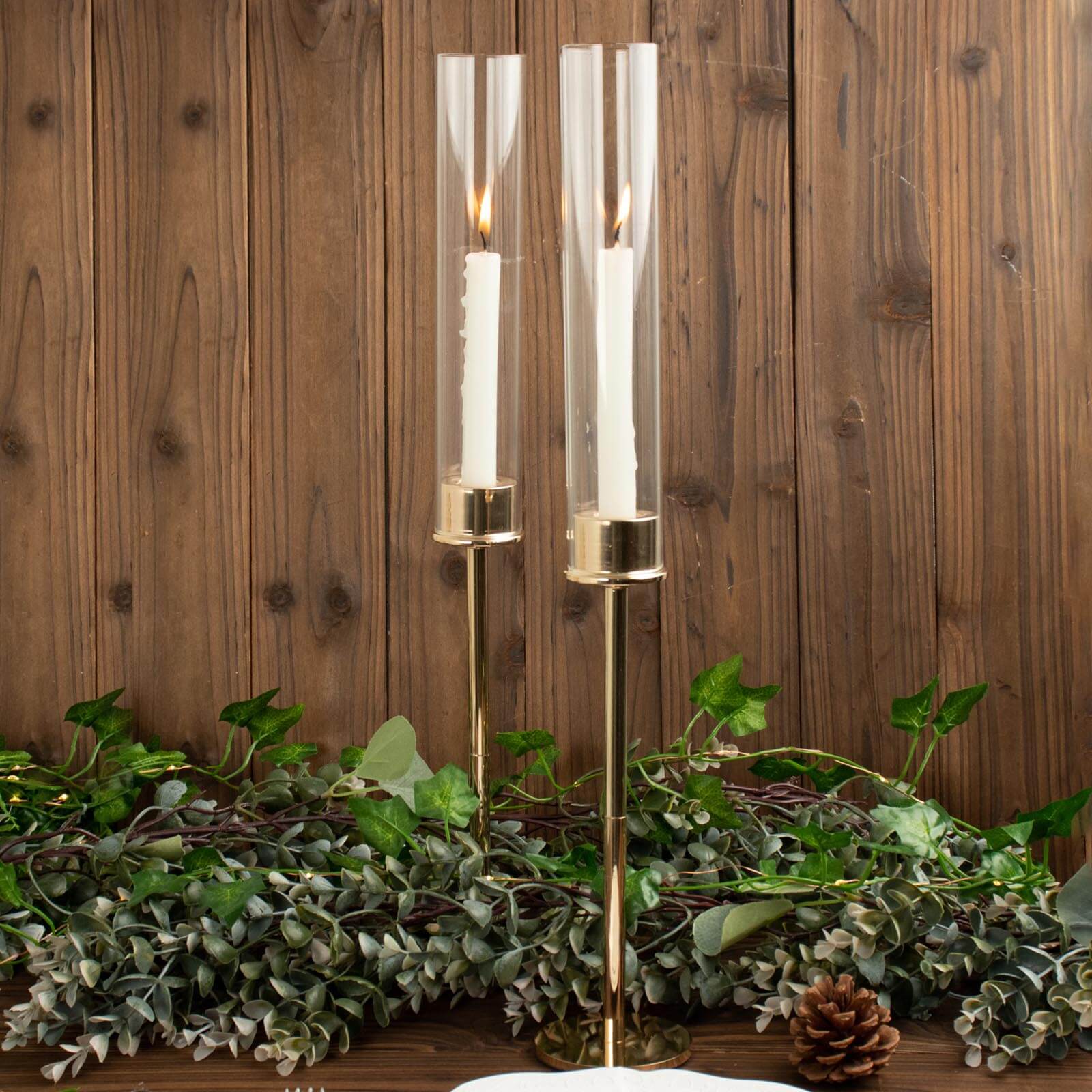 2-Pack Gold Metal Taper Candlestick Holders, Clear Glass Hurricane Candle Stands With Chimney Candle Shades 20"