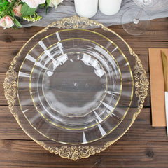 10-Pack Plastic 9" Round Dinner Plates in Clear Ruffled Rim with Gold Edging - Sturdy Disposable Dinnerware