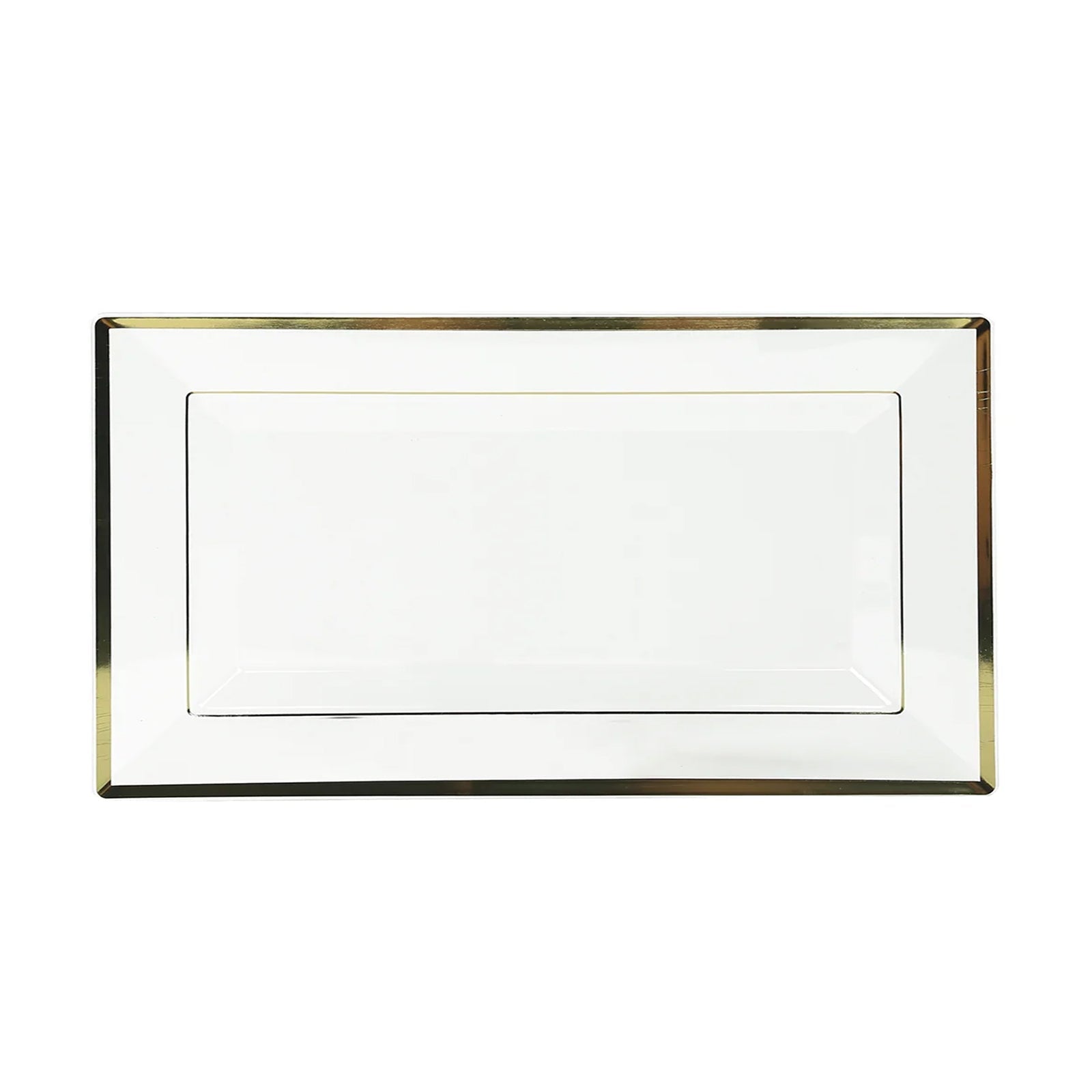 10-Pack Plastic 13"x8" Rectangle Serving Trays Clear with Gold Rim - Durable Reusable Sleek Design for Upscale Events & Parties