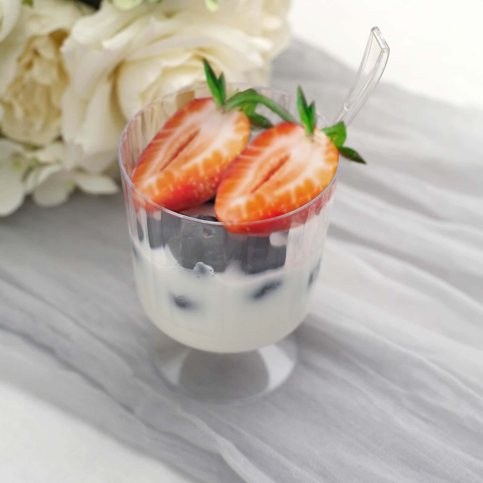 24-Pack Plastic Dessert Cups Clear Ribbed Design with Pedestals - Disposable Mini Snack Cup and Spoon Set for Catering Events & Banquets 5oz