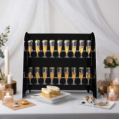2-Tier Champagne Glass Holder Display Stand Table Top in Glossy Black - Modern Stemware Rack Cocktail Drink Holder with 18 Hooks for Events & DIY Bars 25"
