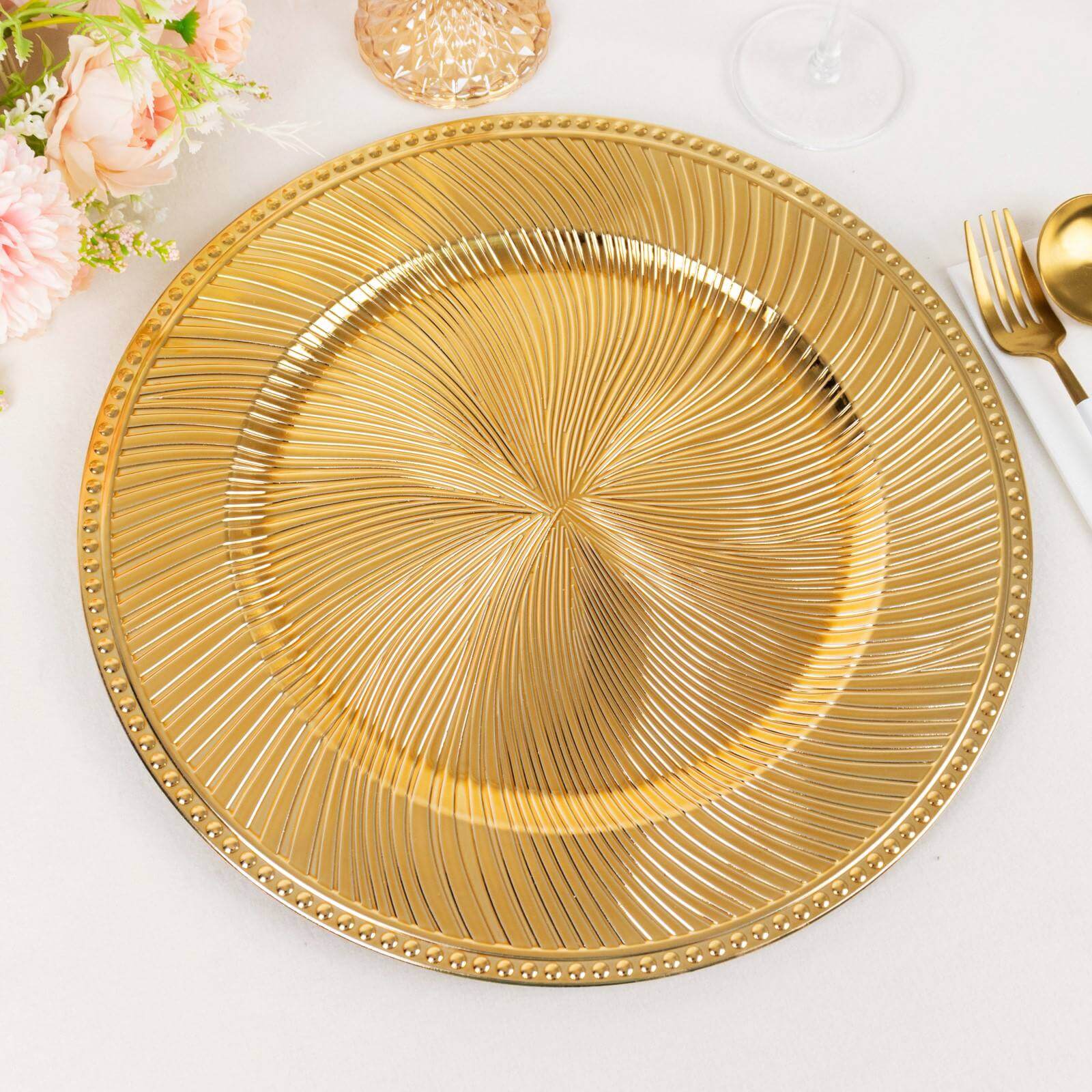 6-Pack Acrylic Round Charger Plates 13" in Metallic Gold Swirl Pattern with Beaded Rim, Plastic Decorative Dinner Party Charger Tableware