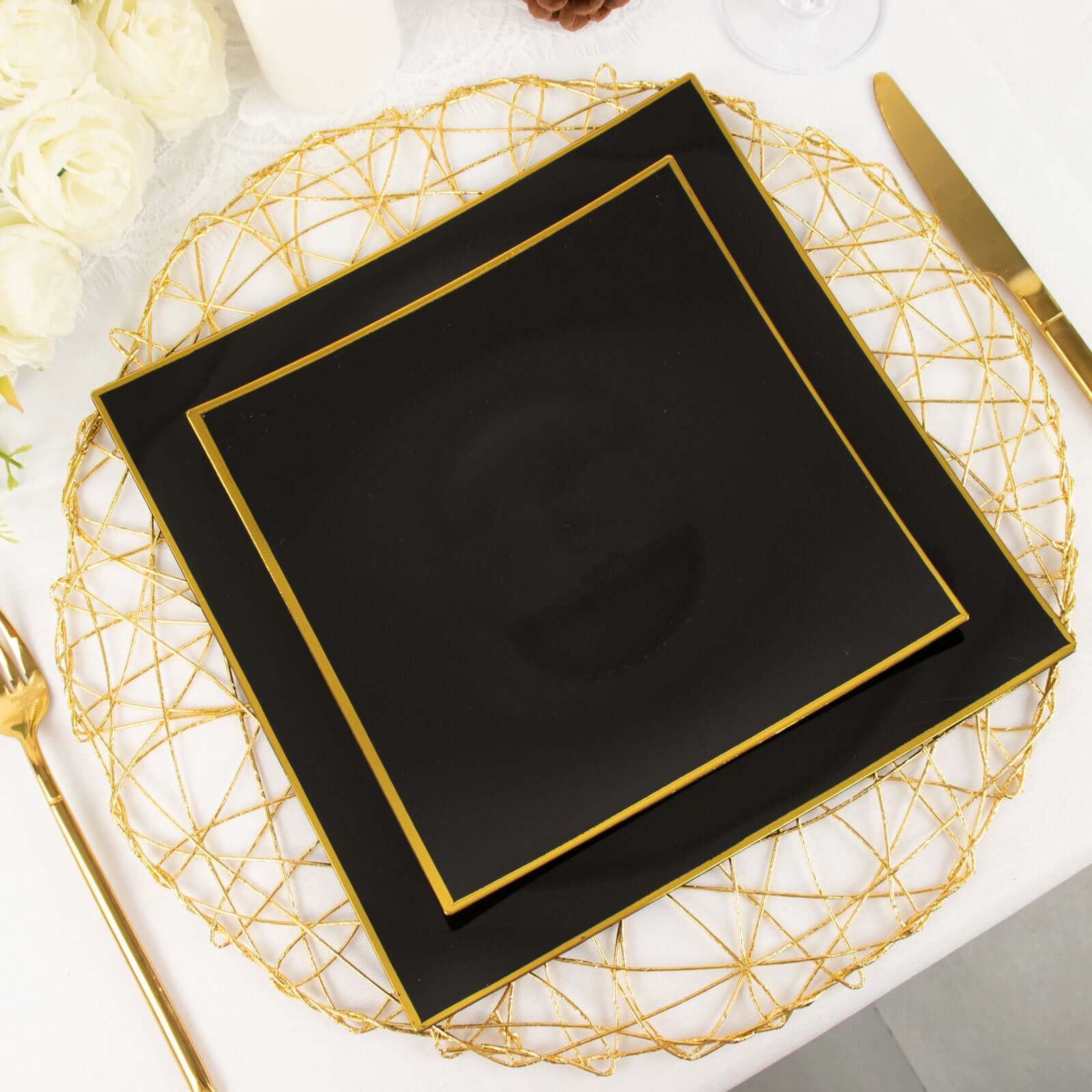 10-Pack Plastic 10" Square Dinner Plates in Black Concave Style with Gold Rim - Modern Disposable Party Plates