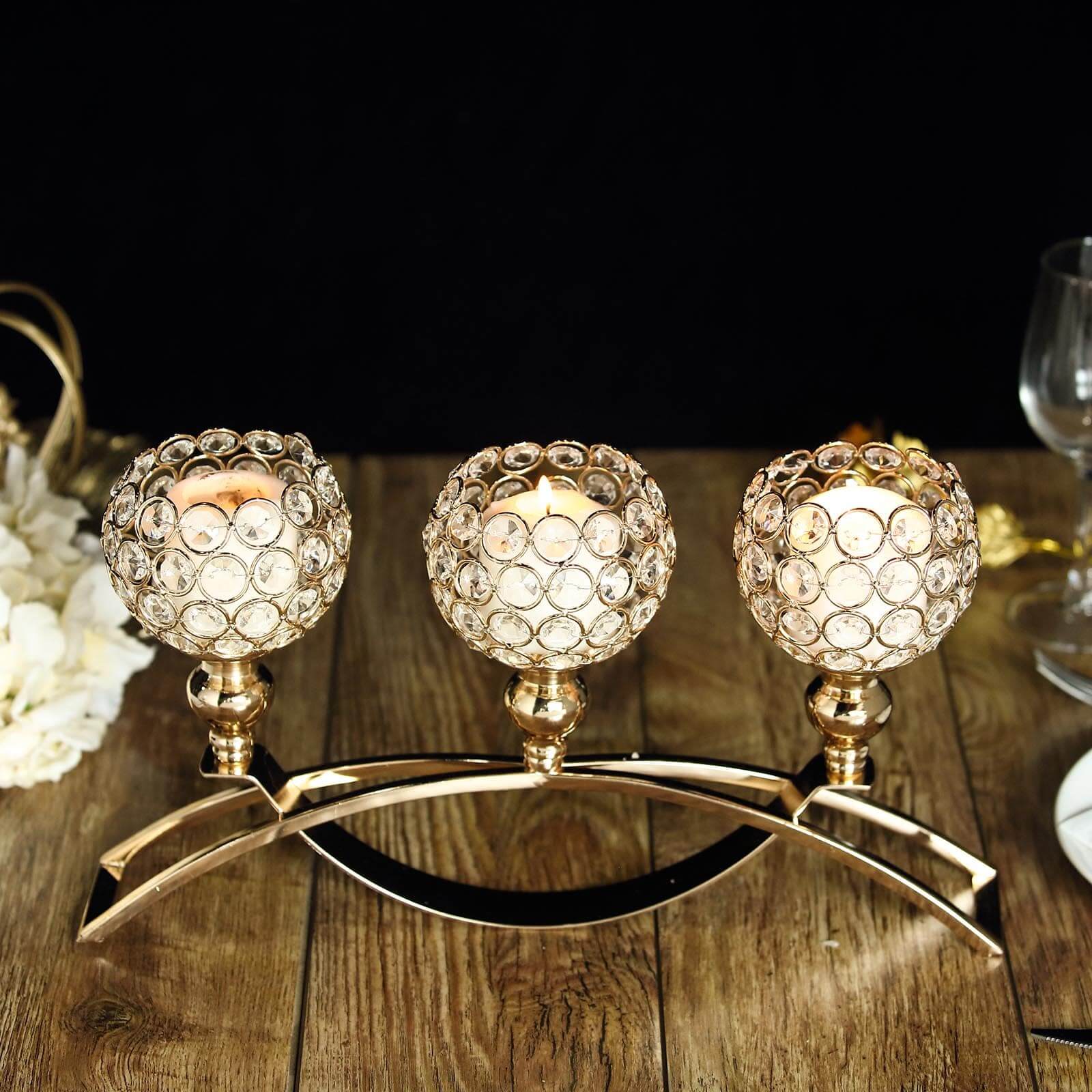 3-Arm Arch Bridge Candelabra Gold with Crystal Beads - Chic Table Centerpiece for Events 16"