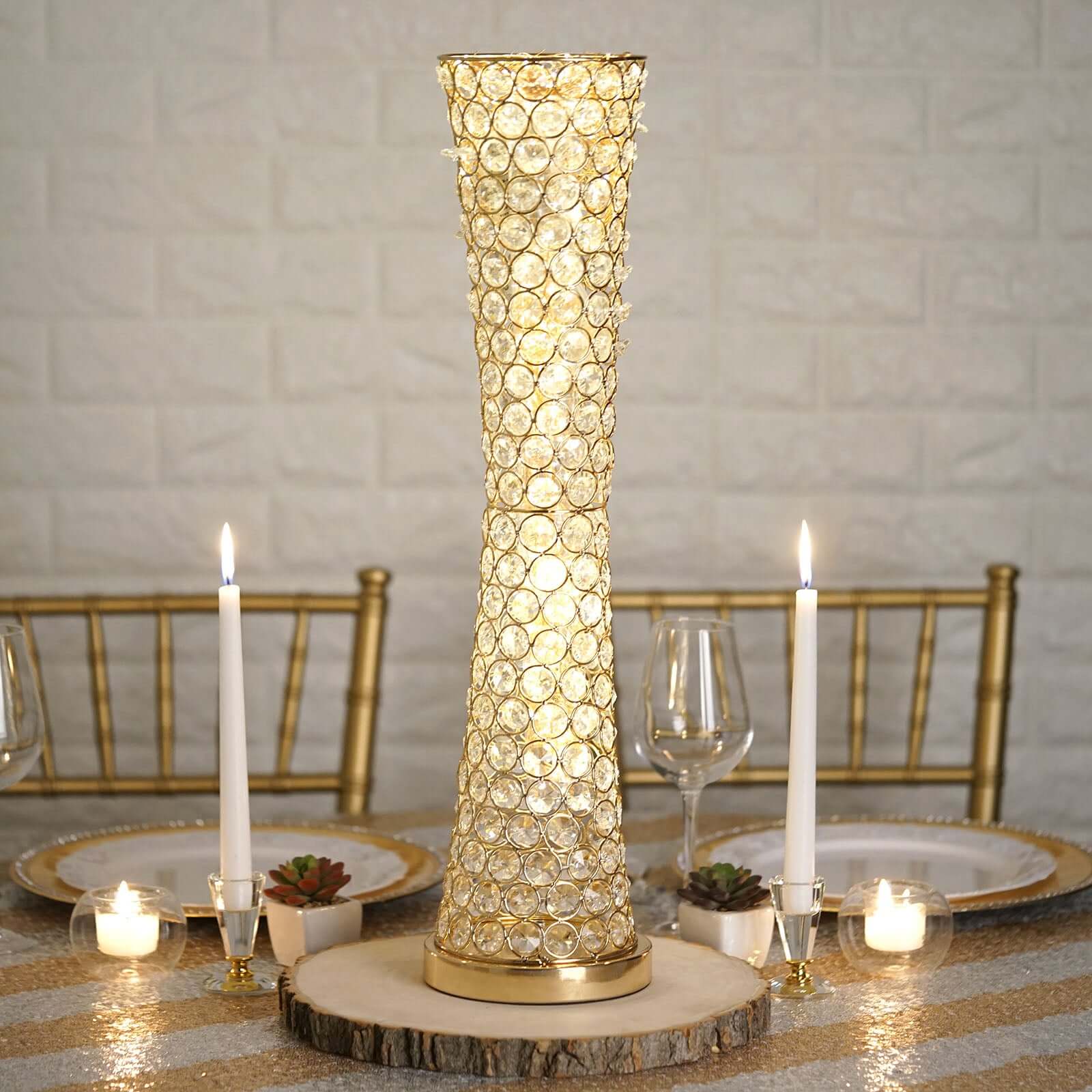 Metal Hurricane Floral Vase Centerpiece Metallic Gold with Crystal Beaded Design - Table Decorative Stand 24"