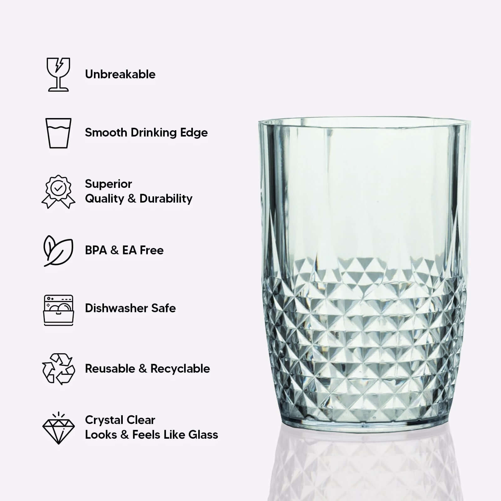 6-Pack Plastic Short Tumblers Dusty Blue Transparent Crystal Cut Style - Reusable All-Purpose Glasses 16oz