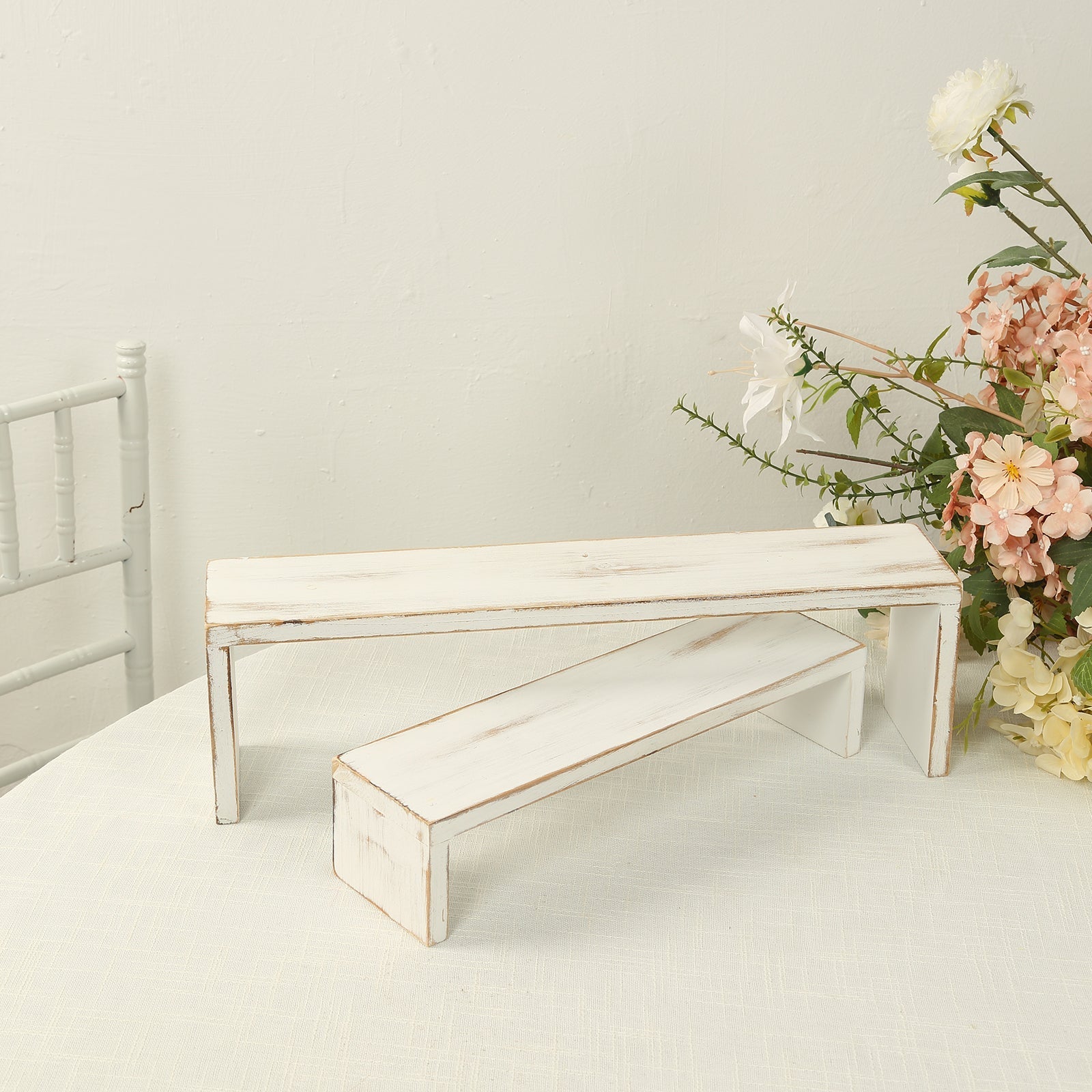 Set of 4 Wooden Display Risers Whitewash Rectangular Bench Style - Stackable Rustic Farmhouse Nesting Stands 14", 16", 17", 19"