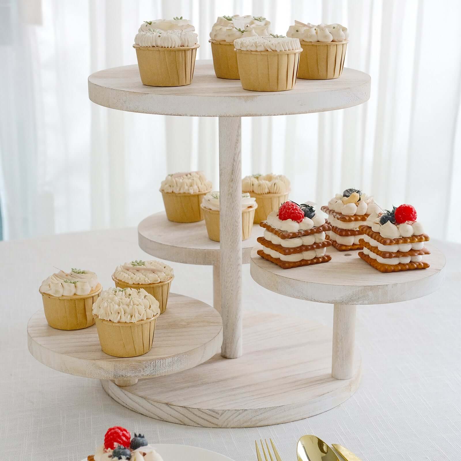 4-Tier Wooden Cake Stand Whitewash with Round Tiered Trays - Rustic Cupcake Tower Dessert Display 14" Tall
