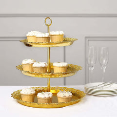 3-Tier Plastic Round Cupcake Stand 15" Metallic Gold with Lace Scalloped Edges