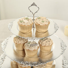 3-Tier Plastic Round Cupcake Stand Metallic Silver with Baroque Rim & Top Handle 13"