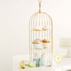 3-Tier Cupcake Cake Stand Bird Cage Design with Crystal Top Mirror Base - Serving Tray with Hanging Option 22"