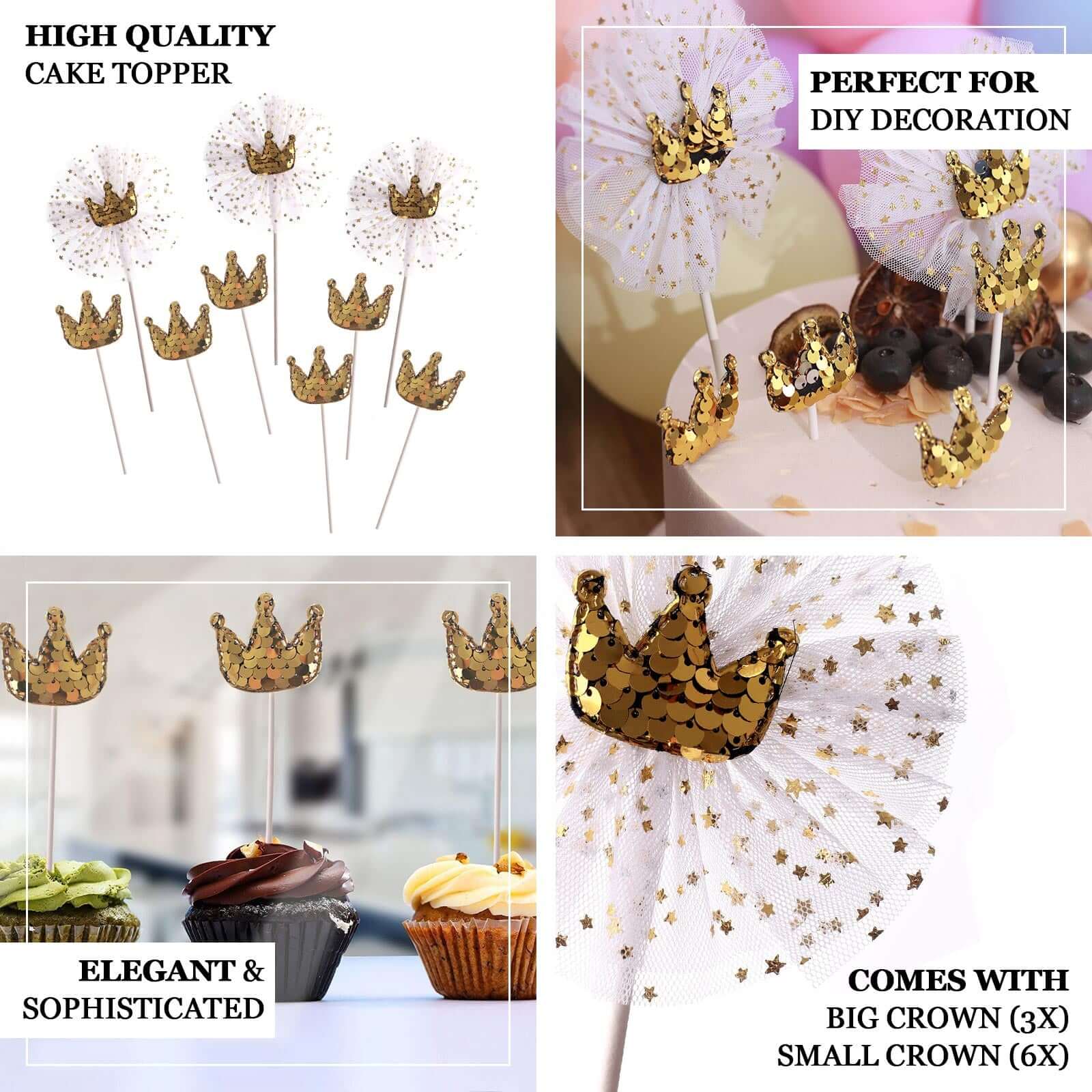 9-Pack Sequin Crown and Tutu Cupcake Cake Toppers Gold - Shimmering Princess Inspired Cake Inserts DIY Party Decoration Supplies