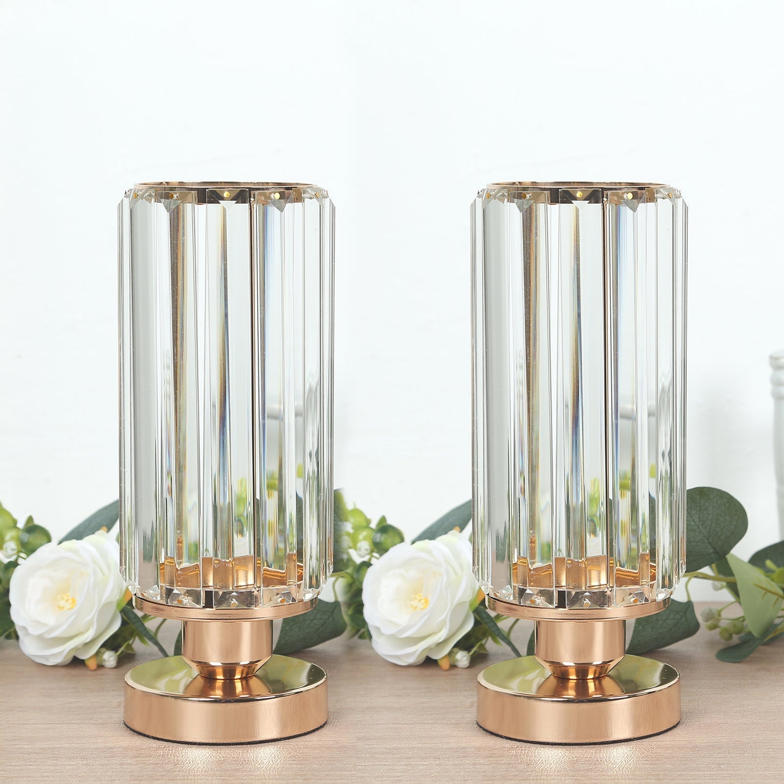 2 Pack 11" Crystal Pendant Hurricane Candle Holders in Gold, Elegant Cylinder Design for Pillar Candles, Short-Stemmed, Decorative Table Centerpieces