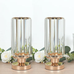 2 Pack 11" Crystal Pendant Hurricane Candle Holders in Gold, Elegant Cylinder Design for Pillar Candles, Short-Stemmed, Decorative Table Centerpieces