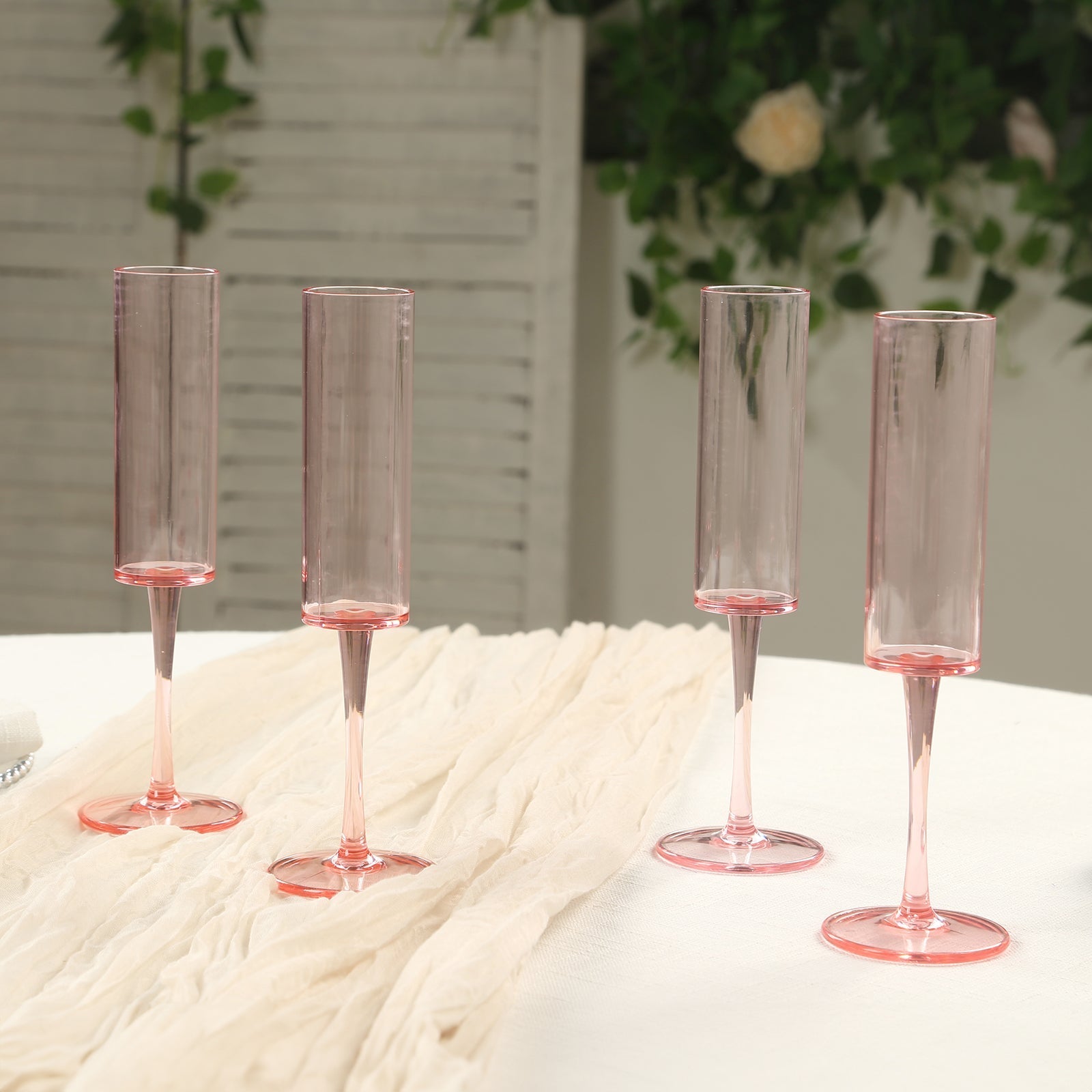 6-Pack Plastic Wine Mimosa Goblets Transparent Blush Cylindrical Shape - Reusable Champagne Flute Glasses 9.5" Tall 6oz