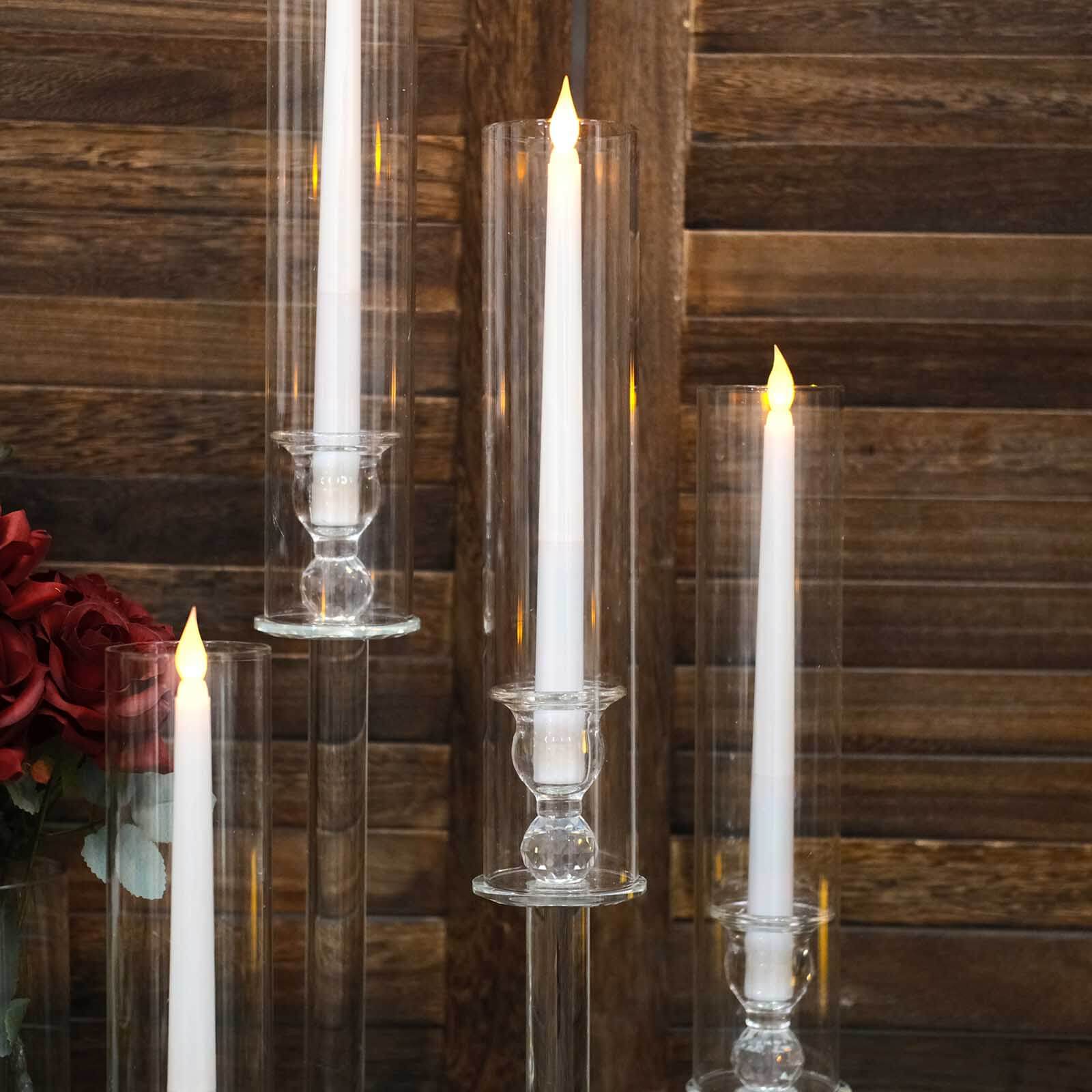 Set of 4 Crystal Glass Hurricane Taper Candle Holders, Decorative Tall Candle Stands Clear Cylinder Chimney Tubes 14", 18", 22", 26"