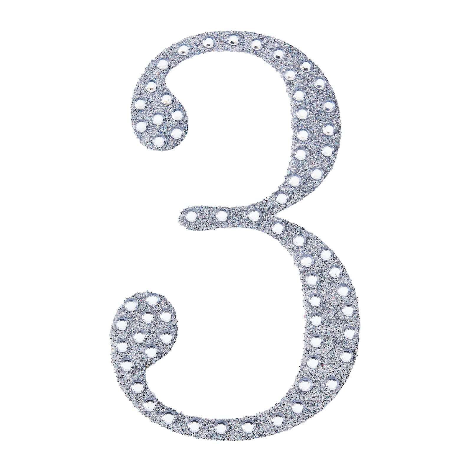 Decorative Rhinestone Number "3" Stickers, Glitter Adhesive Craft Numbers Silver DIY Sparkle Embellishments 8"