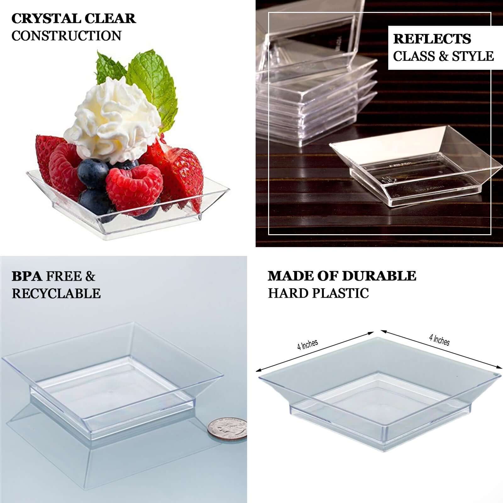 10-Pack Tapas Plates Sleek Square Design Clear - Plastic Disposable Plates for Parties 4"