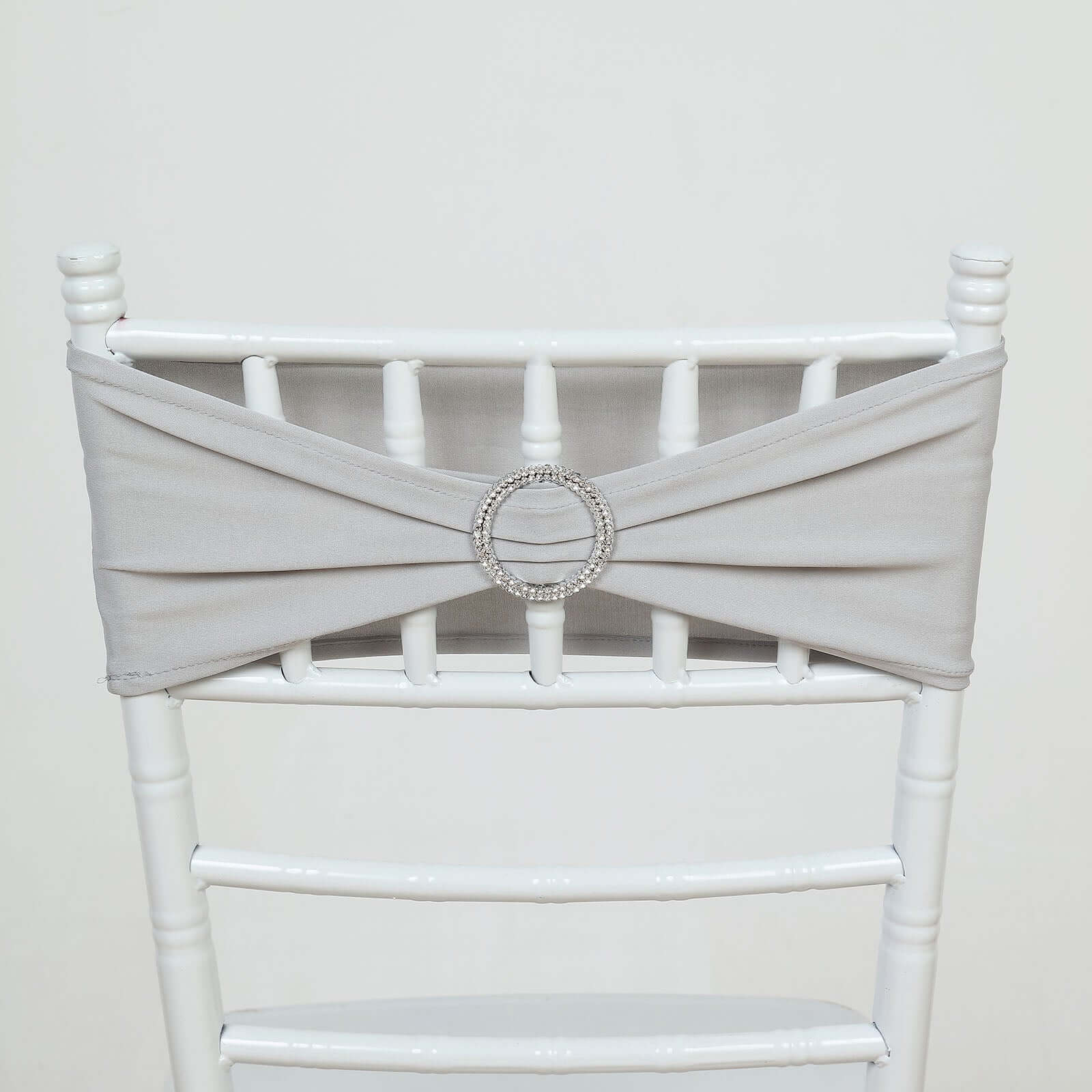 5 Pack Stretch Spandex Chair Sashes Silver - Reusable Chair Bands with Silver Diamond Ring Slide Buckle 5"x14"