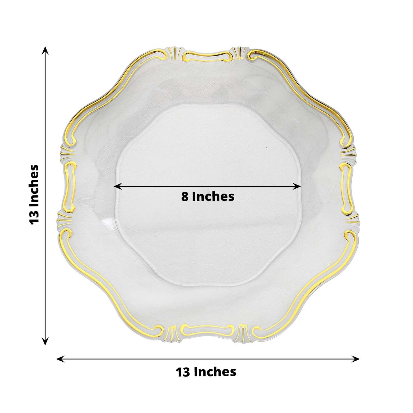 6-Pack Acrylic Plastic Hexagon Charger Plates 13" in Clear with Gold Baroque Scalloped Rim, Exquisite Dinner Serving Plates
