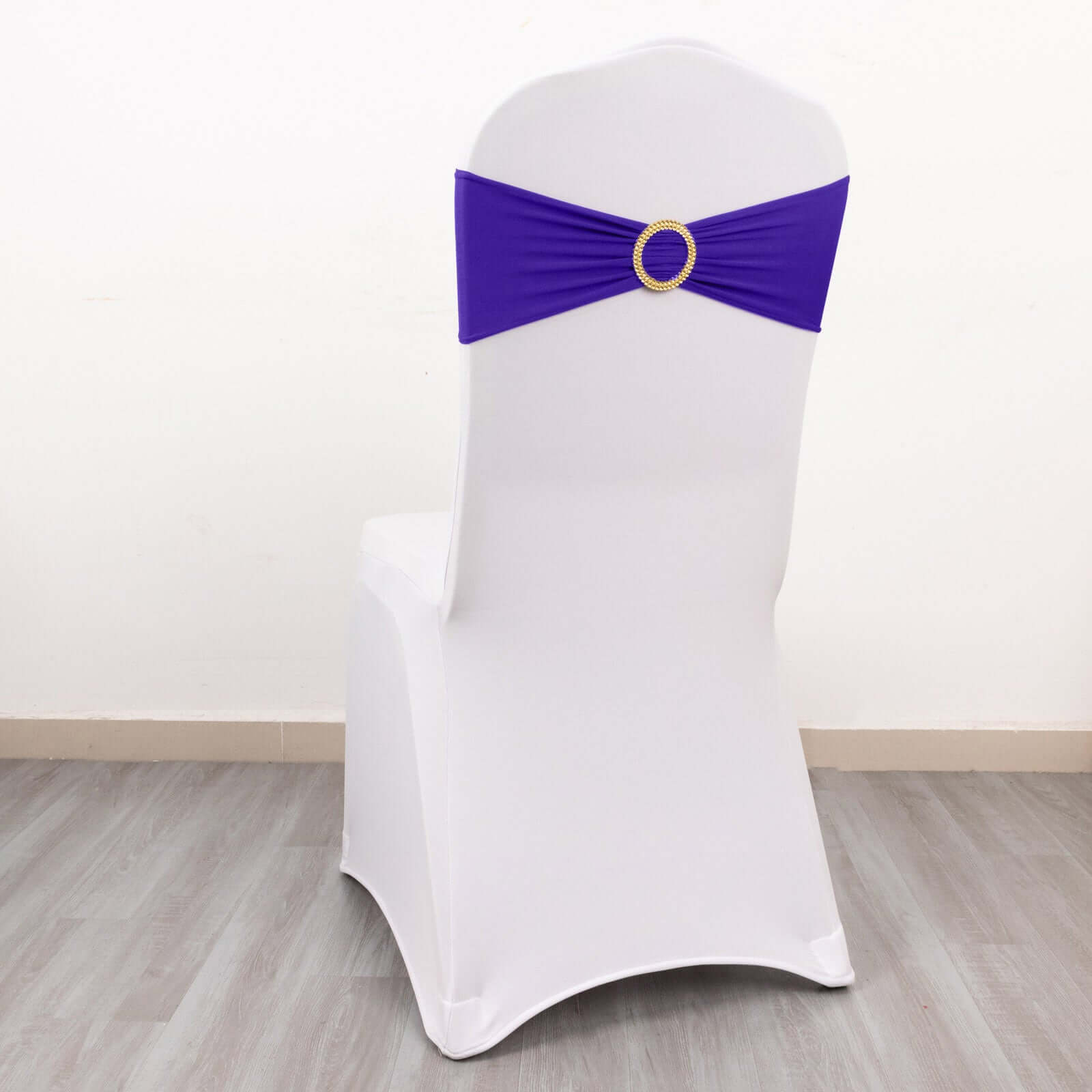 5 Pack Spandex Chair Sashes Purple with Gold Rhinestone Buckles - Reusable Four-Way Stretch Sash Bands 5"x14"