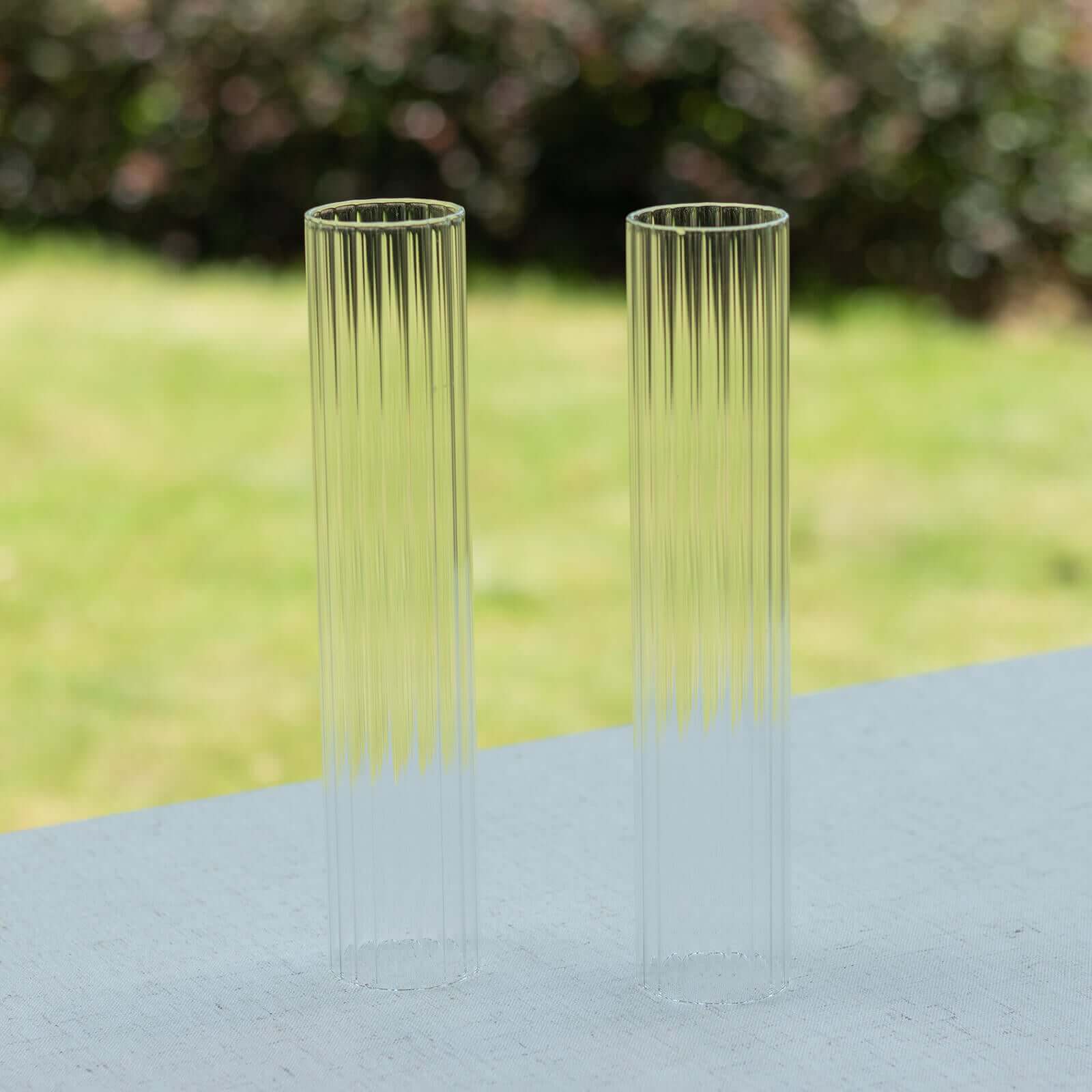 2-Pack Clear Ribbed Glass Hurricane Shades Open End Design - Stylish Candelabra Pillar Candle Holder Table Centerpiece 10"