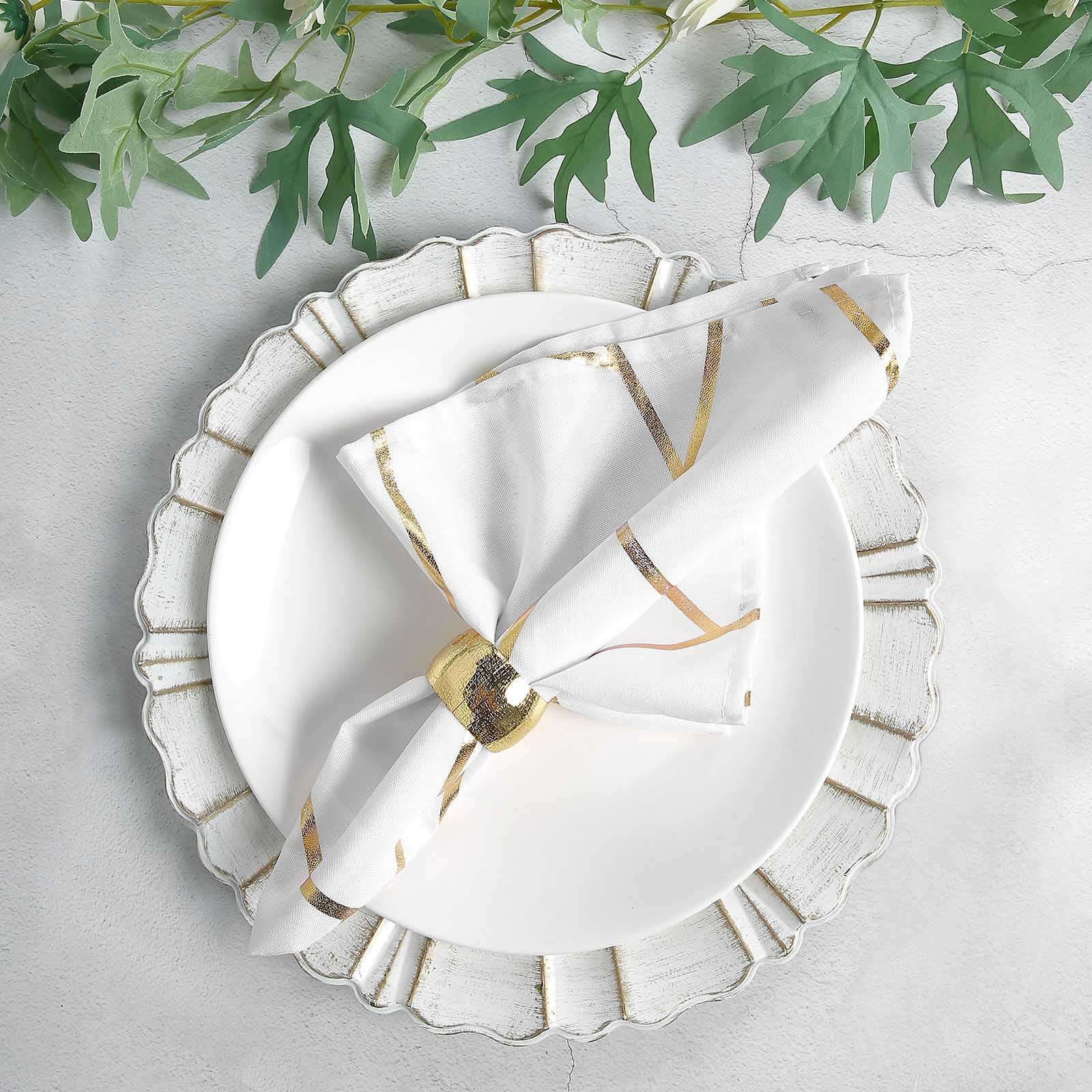 5 Pack Polyester 20"x20" Napkins White with Gold Geometric Foil Pattern - Modern Reusable Dinner Napkins for Home & Events