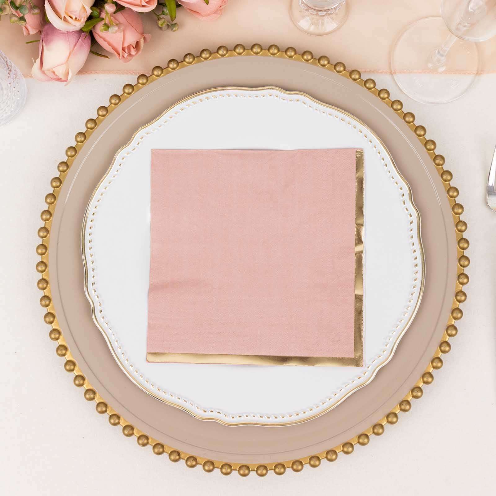50-Pack Paper Beverage Napkins with Gold Foil Edge Dusty Rose - Disposable 2 Ply Cocktail Napkins for Events 6.5"x6.5"
