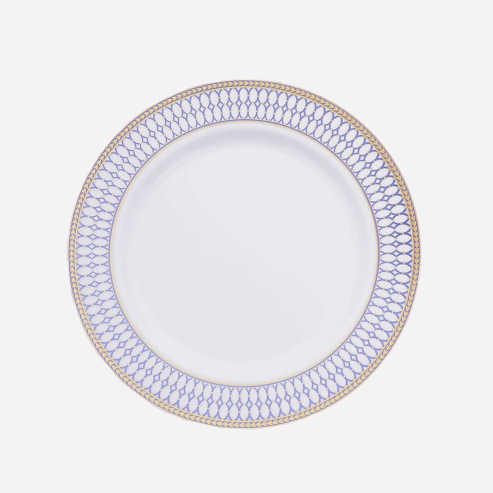 10-Pack Plastic 7" Round Dessert Plates in White with Gold Navy Blue Chord Rim - Renaissance Style Disposable Salad Appetizer Plates for Events & Banquets
