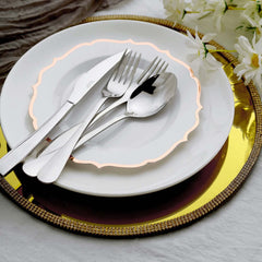 10-Pack Plastic 8" Round Dessert Plates in White with Rose Gold Scalloped Rim - Disposable Appetizer/Salad Plates