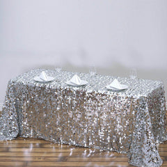 Sequin 90"x132" Rectangle Tablecloth Silver - Seamless Big Payette Table Cover