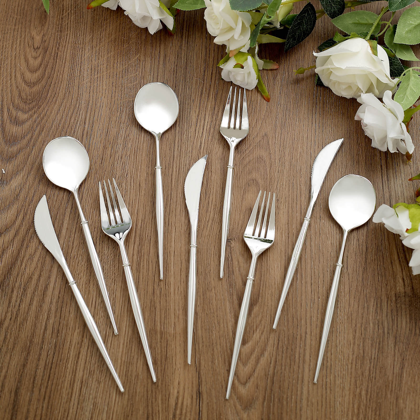 24-Pack Plastic Flatware Set in Silver - Heavy Duty Disposable Modern Silverware 8"